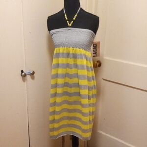 Lagaci Striped Gray and Yellow Strapless Dress with beaded tie back.